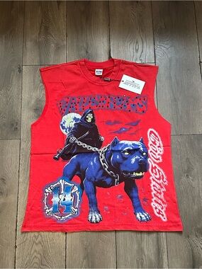 ValleyDreams Vintage-Style Red Graphic Tee with Blue Dog Print